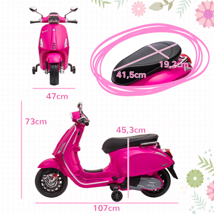 Moto Elétrica para Crianças de 3-6 Anos com Licença Vespa Motocicleta de Bateria 6V com USB MP3 Luz LED Rádio FM Moto para Crianças com Velocidade 3 km/h Carga 35 kg 107x47x73 cm Rosa