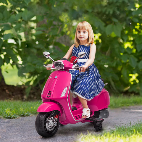 Moto Elétrica para Crianças de 3-6 Anos com Licença Vespa Motocicleta de Bateria 6V com USB MP3 Luz LED Rádio FM Moto para Crianças com Velocidade 3 km/h Carga 35 kg 107x47x73 cm Rosa