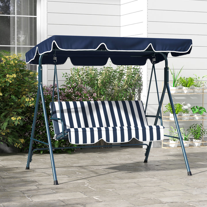 Baloiço de Jardim de 3 Lugares com Almofada Toldo Ajustável e Estrutura de Metal para Balcão Terraço Patio Carga Máx. 300kg 172x110x153cm Azul e Branco