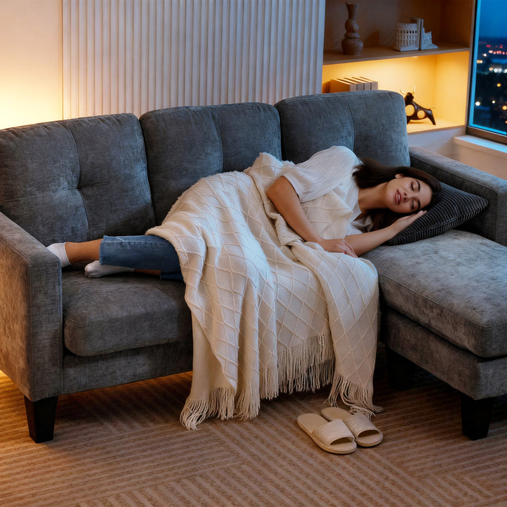 Sofá Chaise Longue Sofá em Forma de L Estofado em Poliéster Sofá de Canto Reversível com 3 Almofadas e Pés de Madeira para Sala de Estar Carga Máxima 180 kg 186x130x84 cm Cinzento Escuro