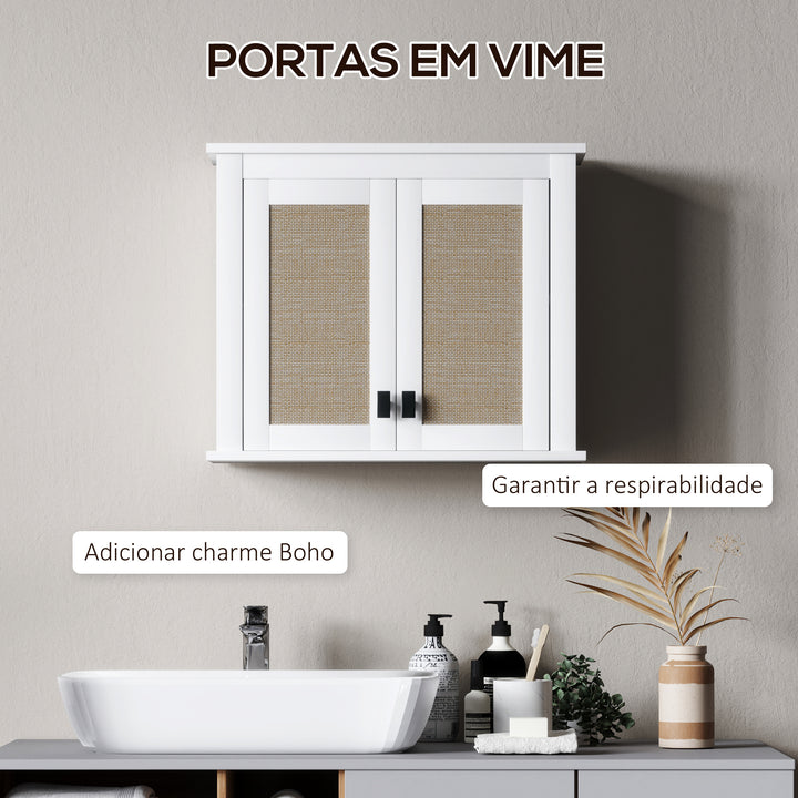 Armário de Parede para Casa de Banho Móvel Casa de Banho Suspenso Armário de Parede para Armazenamento com 2 Portas de Vime PE Prateleira Ajustável 60x19,5x49,4 cm Branco