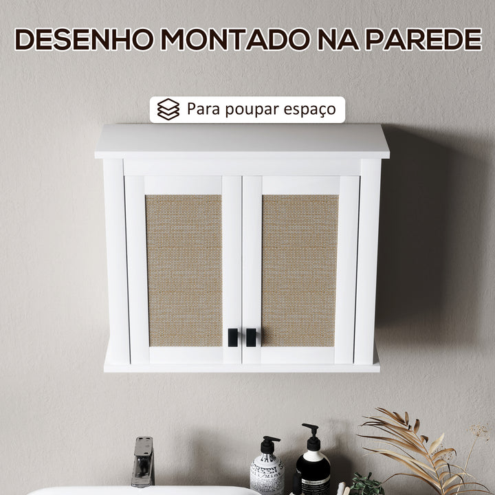 Armário de Parede para Casa de Banho Móvel Casa de Banho Suspenso Armário de Parede para Armazenamento com 2 Portas de Vime PE Prateleira Ajustável 60x19,5x49,4 cm Branco