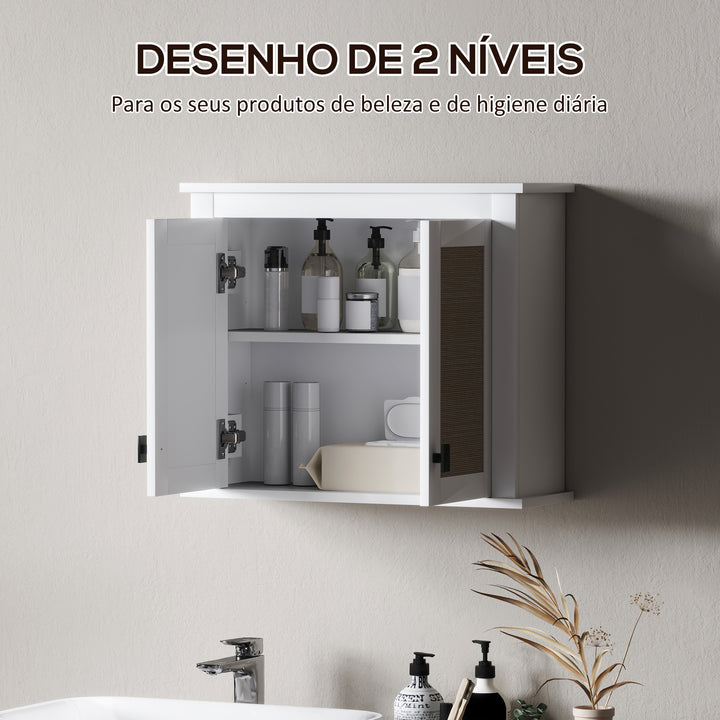 Armário de Parede para Casa de Banho Móvel Casa de Banho Suspenso Armário de Parede para Armazenamento com 2 Portas de Vime PE Prateleira Ajustável 60x19,5x49,4 cm Branco