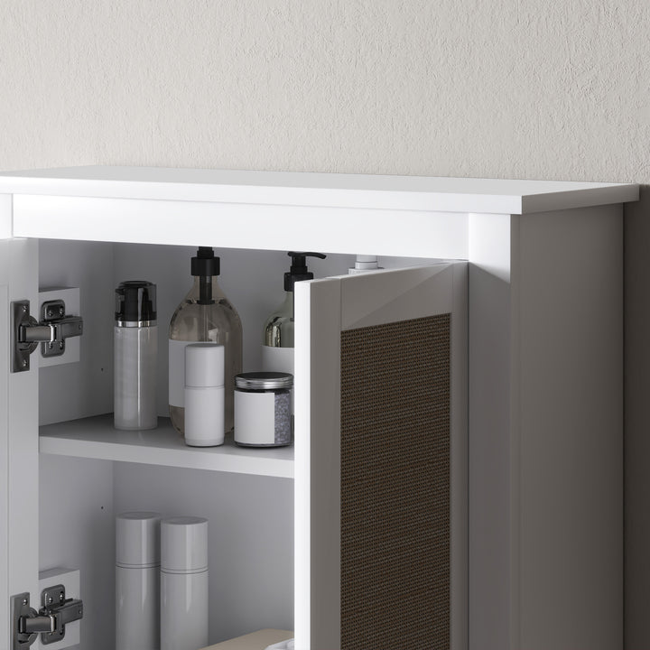 Armário de Parede para Casa de Banho Móvel Casa de Banho Suspenso Armário de Parede para Armazenamento com 2 Portas de Vime PE Prateleira Ajustável 60x19,5x49,4 cm Branco