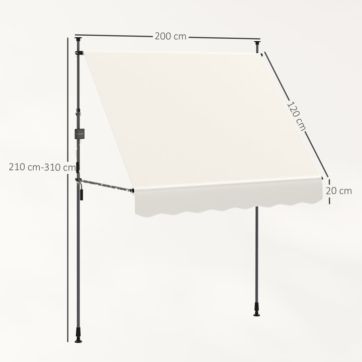 Toldo Manual Retráctil 2x1,2 m Toldo Exterior Enrolável Altura Ajustável com Manivela 210-310 cm Proteção UV30+ Sem Perfuração para Jardim Varanda Pátio Creme