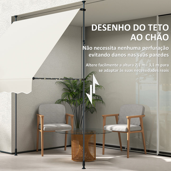 Toldo Manual Retráctil 2x1,2 m Toldo Exterior Enrolável Altura Ajustável com Manivela 210-310 cm Proteção UV30+ Sem Perfuração para Jardim Varanda Pátio Creme
