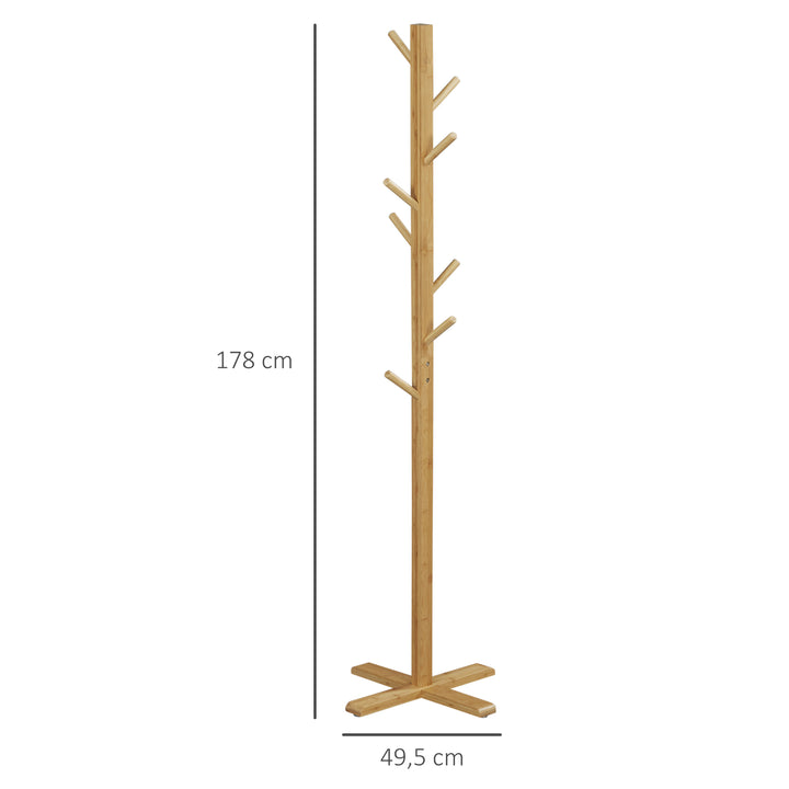 Cabide de Pé em Bambu com 8 Ganchos para Pendurar Bolsas e Chapéus no Corredor Entrada Quarto 49,5x49,5x178 cm Madeira