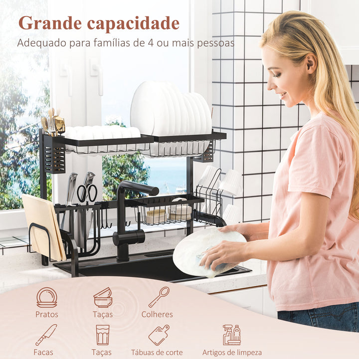 Escorredor de Louça de Aço Escorredor de Pratos de 2 Níveis com Suporte para Tábua Suporte para Talheres e 5 Ganchos 65x31,5x52,5cm Preto