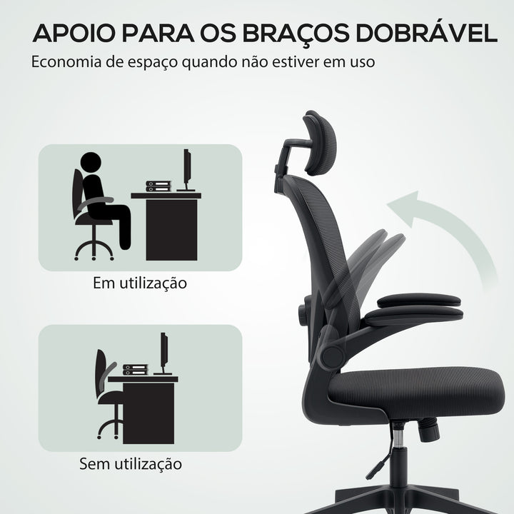 Cadeira de Escritório Giratória Cadeira de Escritório em Malha Transpirável com Altura Ajustável Apoio para a Cabeça e Suporte Lombar Ajustáveis Cadeira de Escritório Basculante Carga 120 kg 58x63x115-125 cm Preto