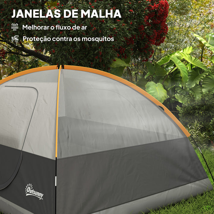 Tenda de Campismo para 2-4 Pessoas Tenda de Campismo Dobrável com Porta Janela de Malha Bolsos Gancho e Bolsa de Transporte Impermeável Fácil Instalação para Caminhadas 205x275x135 cm Laranja e Cinza