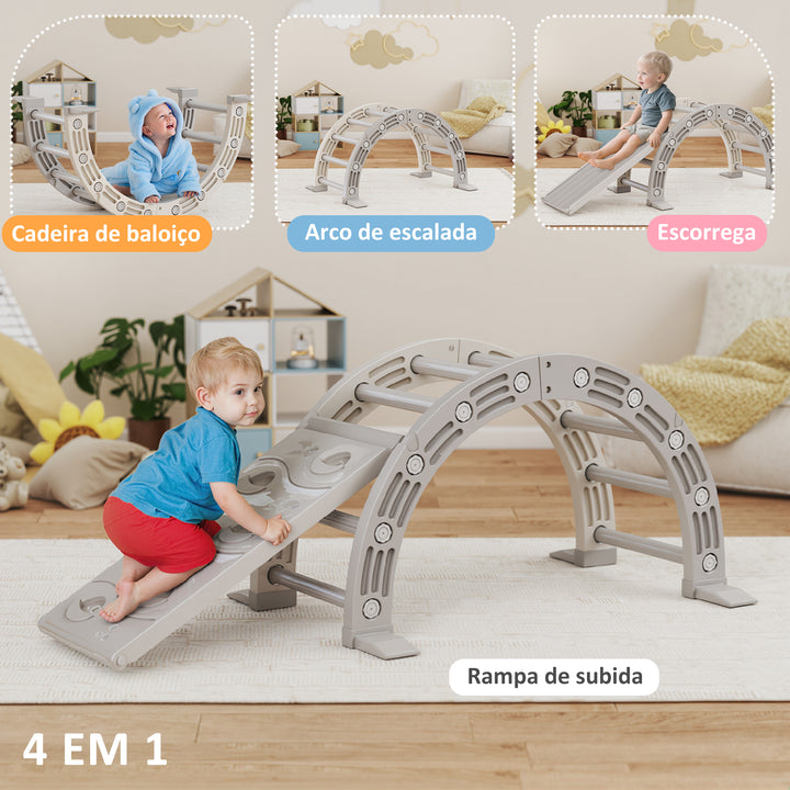 Brinquedo de Escalada para Crianças 4 em 1 com Arco de Escalada Baloiço Rampa e Escorrega Brinquedo de Plástico para Crianças de 18-48 Meses para Interior e Exterior Cinza e Branco