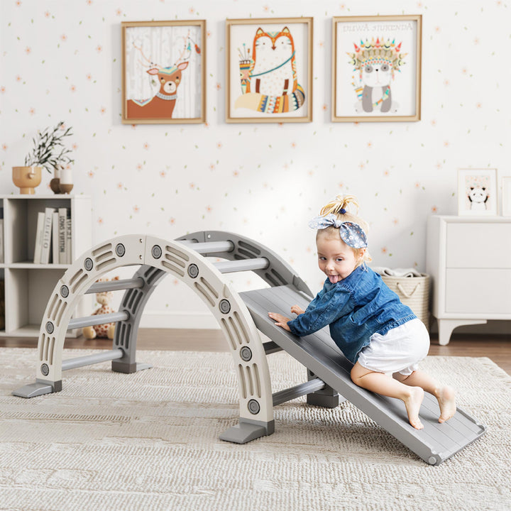 Brinquedo de Escalada para Crianças 4 em 1 com Arco de Escalada Baloiço Rampa e Escorrega Brinquedo de Plástico para Crianças de 18-48 Meses para Interior e Exterior Cinza e Branco