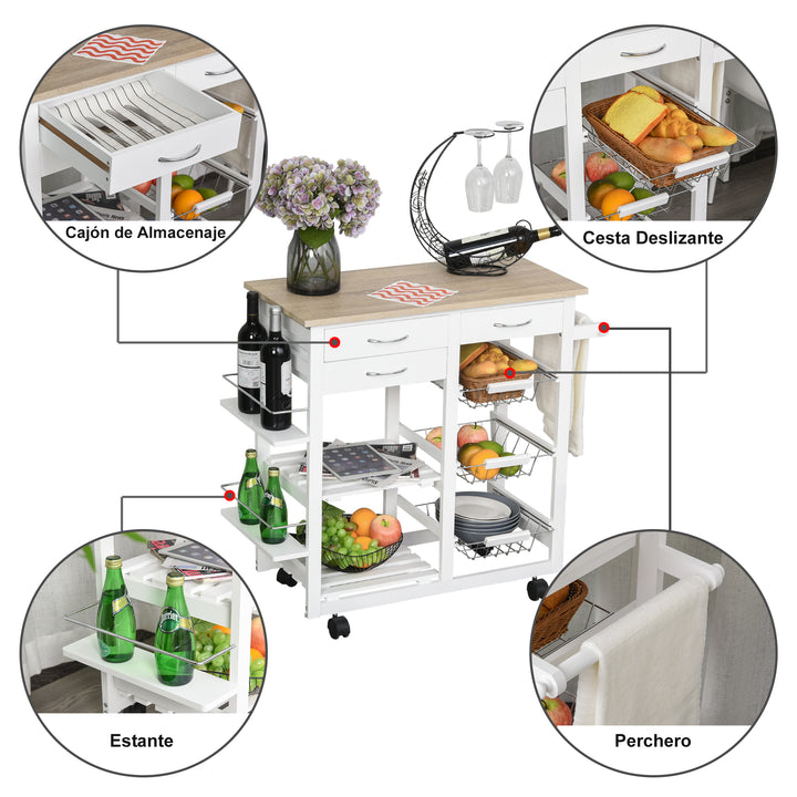 Carrinho de cozinha Carrinho de serviço multifuncional com gavetas Cestas Prateleiras de especiarias Toalheiro Rodas 92x37x82 cm Branco