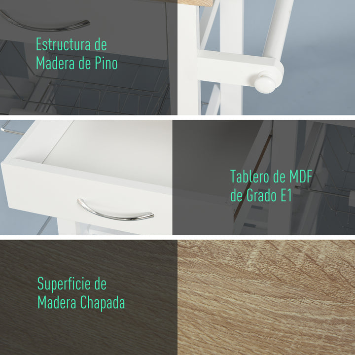 Carrinho de cozinha Carrinho de serviço multifuncional com gavetas Cestas Prateleiras de especiarias Toalheiro Rodas 92x37x82 cm Branco
