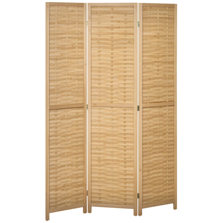 Biombo de 3 Paineis Separador de Ambientes Dobrável 120x1,8x170 cm Divisor de Ambientes com Padrão Tecido em Bambu Estilo Rústico para Escritório Dormitório Sala de Estar Madeira
