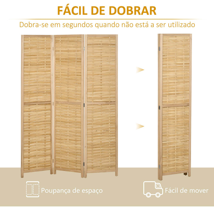 Biombo de 3 Paineis Separador de Ambientes Dobrável 120x1,8x170 cm Divisor de Ambientes com Padrão Tecido em Bambu Estilo Rústico para Escritório Dormitório Sala de Estar Madeira