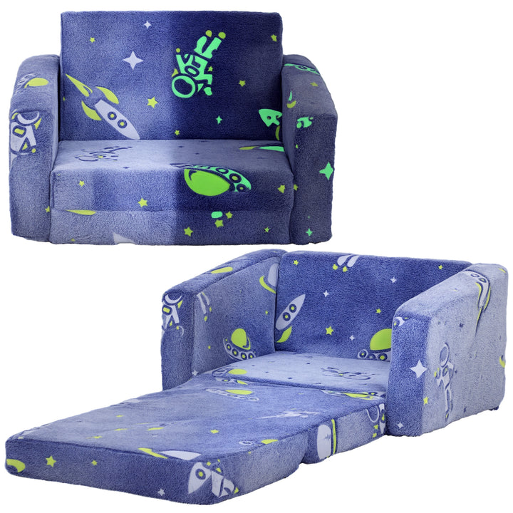Poltrona para Crianças Dobrável Sofá Infantil Reclinável 2 em 1 Sofá para Crianças Estofado em Tecido Luminoso com Desenho Espacial e Capa Lavável para Dormitório Sala de Estar Azul
