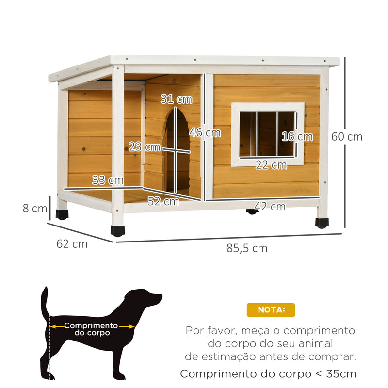 Casa para Cães de Madeira 85,5x62x60cm Casa para Animais de Estimação Casa para Cães com Teto Asfáltico Impermeável e Janela para Interior e Exterior Madeira