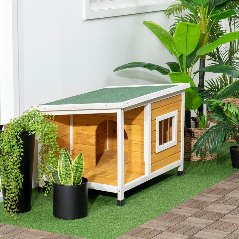 Casa para Cães de Madeira 85,5x62x60cm Casa para Animais de Estimação Casa para Cães com Teto Asfáltico Impermeável e Janela para Interior e Exterior Madeira