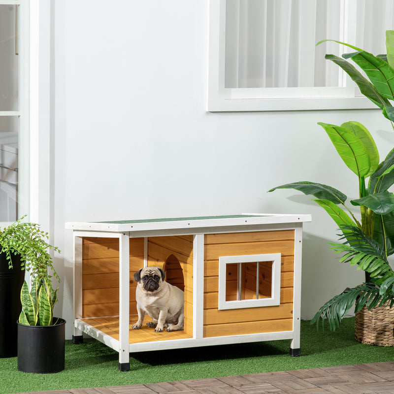 Casa para Cães de Madeira 85,5x62x60cm Casa para Animais de Estimação Casa para Cães com Teto Asfáltico Impermeável e Janela para Interior e Exterior Madeira