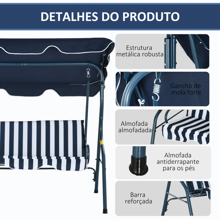 Baloiço de Jardim de 2-3 Lugares com Estrutura de Metal Almofada Toldo Ajustável Balcão Terraço Patio Capacidade 240kg 170x110x153cm Azul e Branco
