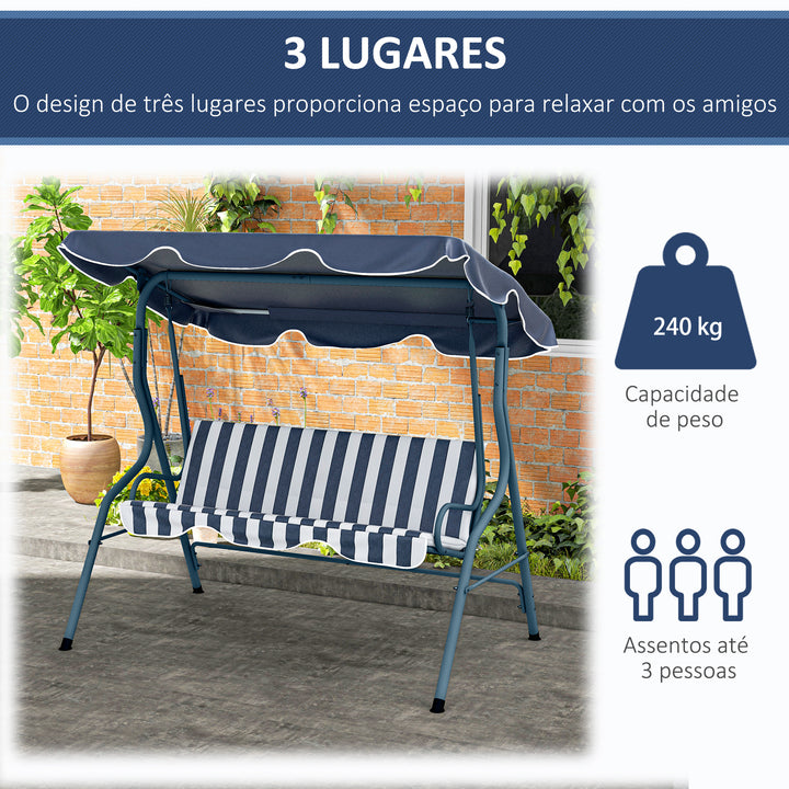 Baloiço de Jardim de 2-3 Lugares com Estrutura de Metal Almofada Toldo Ajustável Balcão Terraço Patio Capacidade 240kg 170x110x153cm Azul e Branco