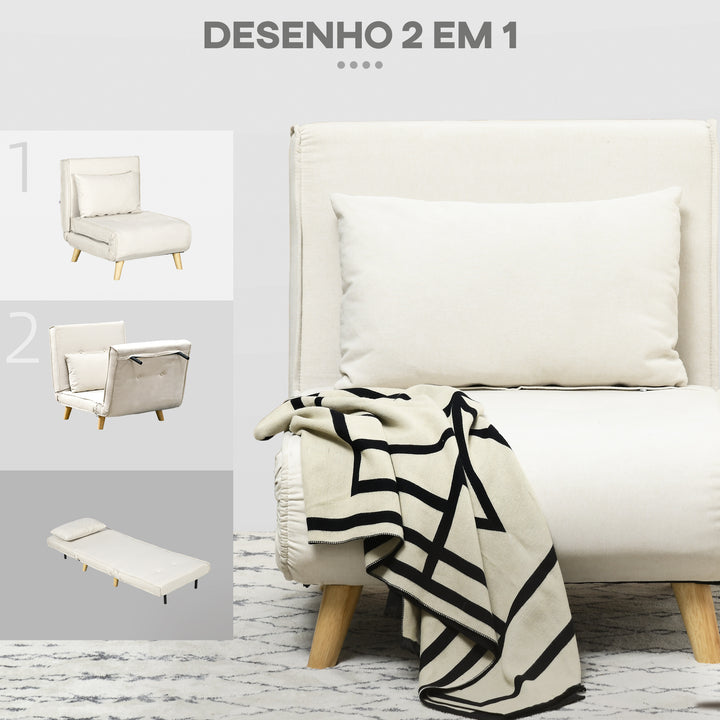 Sofá Cama Individual 3 em 1, Poltrona Cama Dobrável Estofada em Linho Sintético, com Encosto Ajustável em 6 Níveis, Almofada, Assento Largo, Pés de Madeira, 72x78x79 cm, Creme