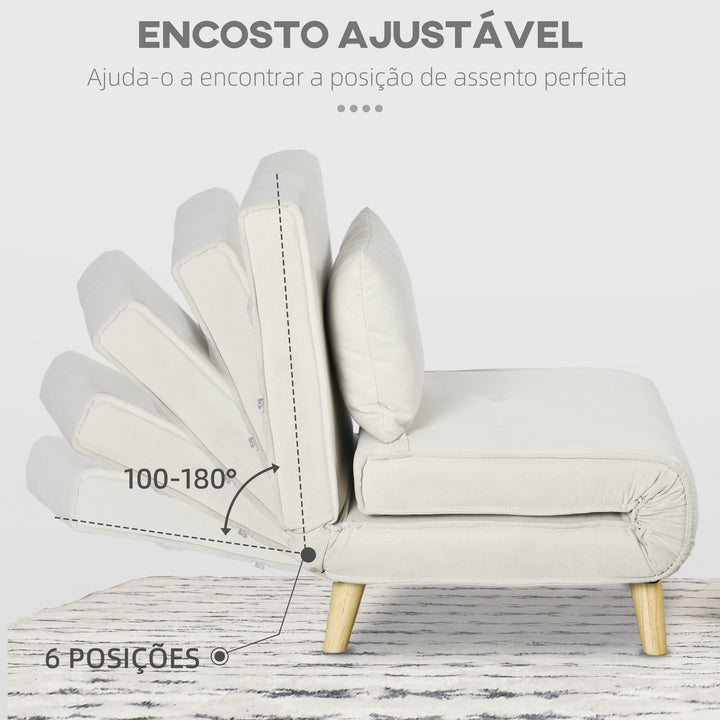 Sofá Cama Individual 3 em 1, Poltrona Cama Dobrável Estofada em Linho Sintético, com Encosto Ajustável em 6 Níveis, Almofada, Assento Largo, Pés de Madeira, 72x78x79 cm, Creme