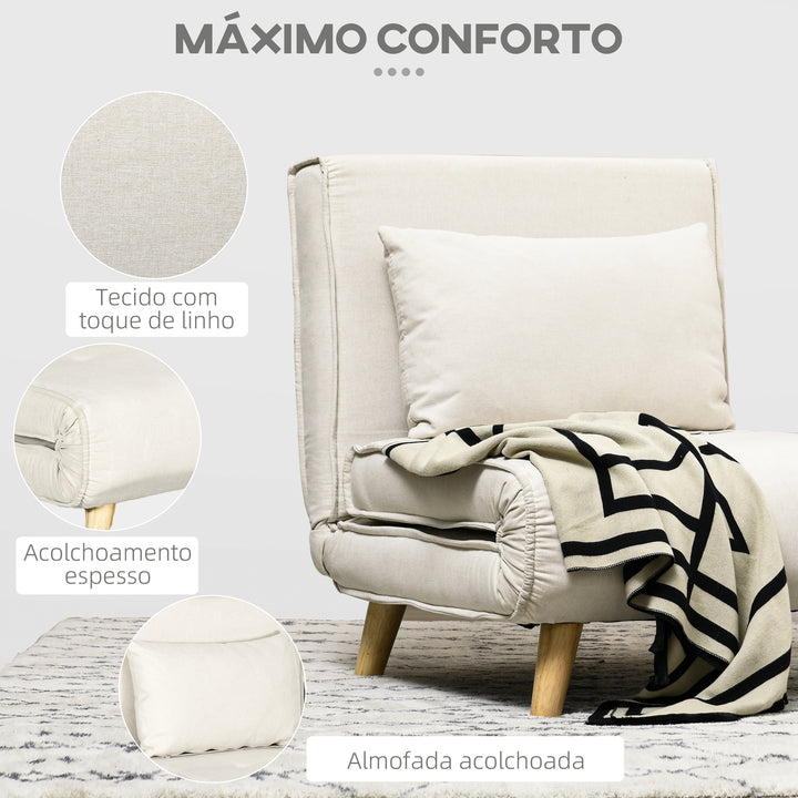 Sofá Cama Individual 3 em 1, Poltrona Cama Dobrável Estofada em Linho Sintético, com Encosto Ajustável em 6 Níveis, Almofada, Assento Largo, Pés de Madeira, 72x78x79 cm, Creme