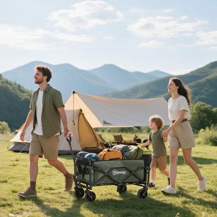 Carrinho de Transporte com Rodas Carrinho de Jardim Dobrável com Puxador Telescópico Ajustável Porta Traseira Expansível Carga 90 kg Carrinho de Praia 114x46x65-92 cm Verde