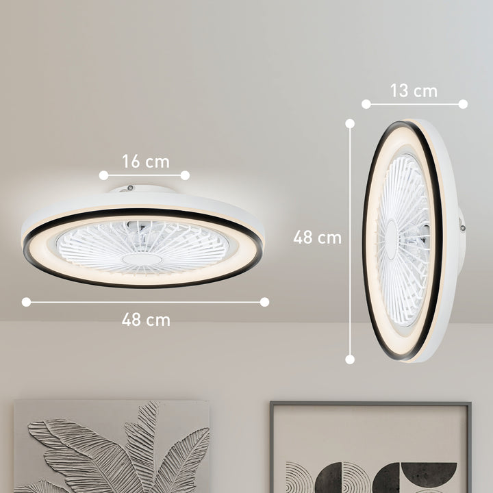 Ventoinha de Teto com Luz LED 48,5 W Motor DC Reversível Lâmpada Ventoinha de Teto Silenciosa com Controlo Remoto 6 Velocidades Temporizador para Sala de Estar Quarto Ø48x13 cm Branco