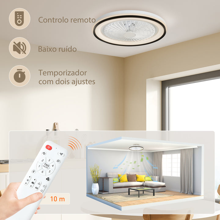 Ventoinha de Teto com Luz LED 48,5 W Motor DC Reversível Lâmpada Ventoinha de Teto Silenciosa com Controlo Remoto 6 Velocidades Temporizador para Sala de Estar Quarto Ø48x13 cm Branco