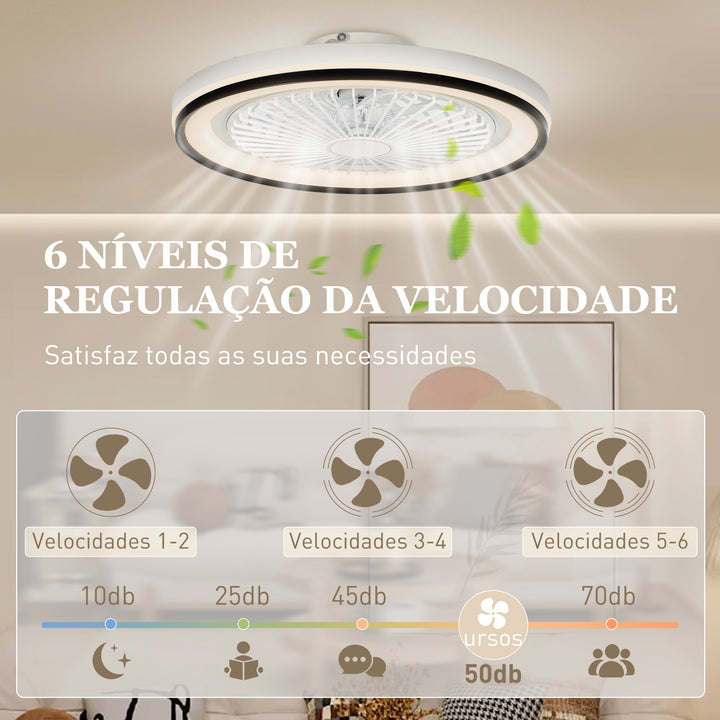 Ventoinha de Teto com Luz LED 48,5 W Motor DC Reversível Lâmpada Ventoinha de Teto Silenciosa com Controlo Remoto 6 Velocidades Temporizador para Sala de Estar Quarto Ø48x13 cm Branco