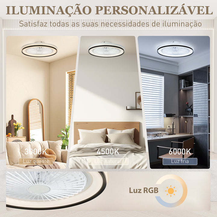 Ventoinha de Teto com Luz LED 48,5 W Motor DC Reversível Lâmpada Ventoinha de Teto Silenciosa com Controlo Remoto 6 Velocidades Temporizador para Sala de Estar Quarto Ø48x13 cm Branco