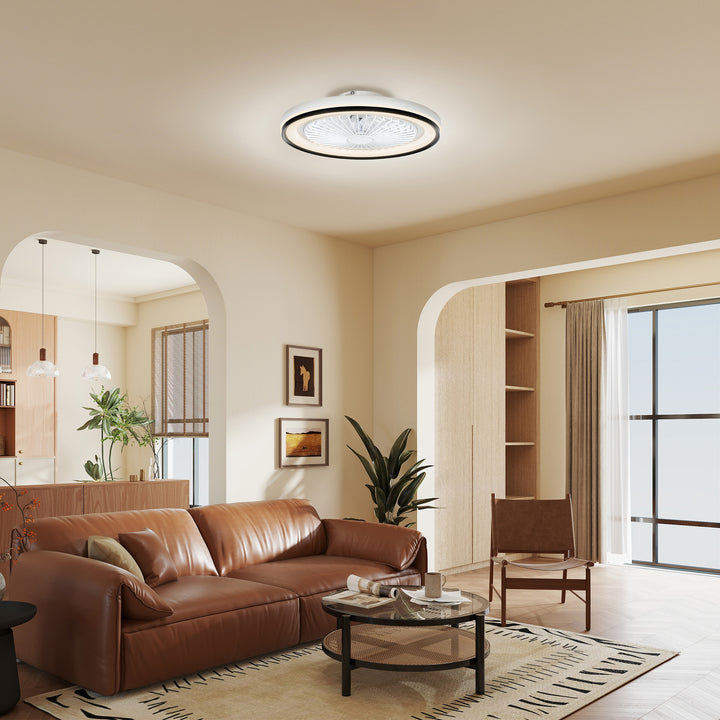 Ventoinha de Teto com Luz LED 48,5 W Motor DC Reversível Lâmpada Ventoinha de Teto Silenciosa com Controlo Remoto 6 Velocidades Temporizador para Sala de Estar Quarto Ø48x13 cm Branco