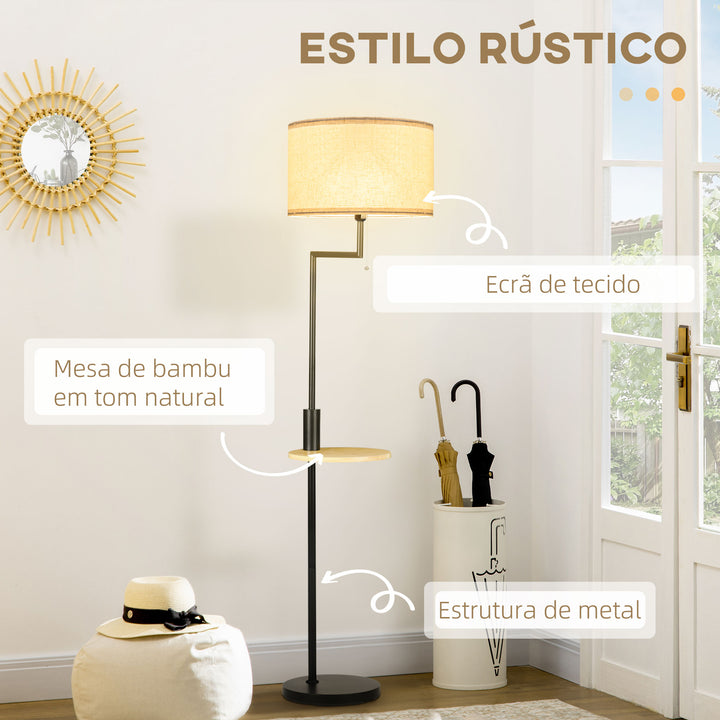 Candeeiro de Pé com Mesa Auxiliar Candeeiro com Prateleira Lâmpada E27 Máx. 40W com Ecrã de Linho Interruptor de Corrente e Carregador USB para Sala de Estar Ø40x168cm Preto e Madeira