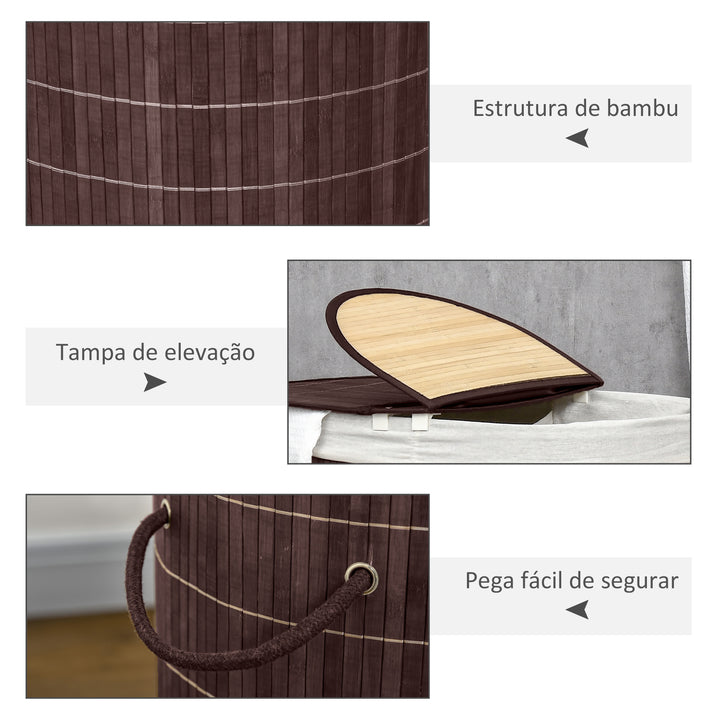 Cesto de Roupa de Bambu Capacidade de 100L Cesto para Roupa Suja com Tampa Rebatível e Bolsa com 2 Compartimentos Amovível 62,5x37x60,5cm Marrom