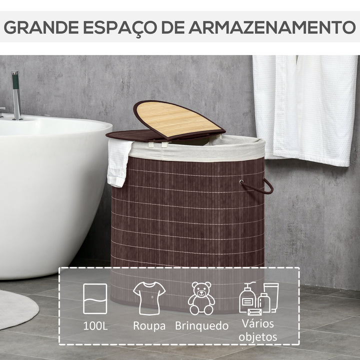 Cesto de Roupa de Bambu Capacidade de 100L Cesto para Roupa Suja com Tampa Rebatível e Bolsa com 2 Compartimentos Amovível 62,5x37x60,5cm Marrom