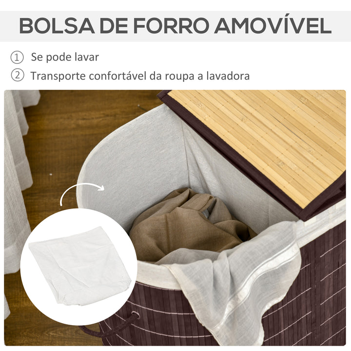 Cesto de Roupa de Bambu Capacidade de 100L Cesto para Roupa Suja com Tampa Rebatível e Bolsa com 2 Compartimentos Amovível 62,5x37x60,5cm Marrom