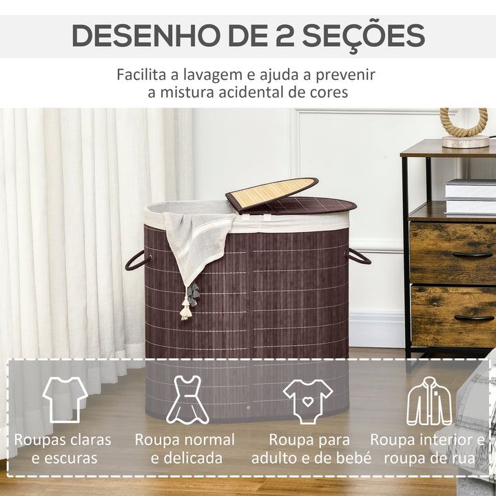 Cesto de Roupa de Bambu Capacidade de 100L Cesto para Roupa Suja com Tampa Rebatível e Bolsa com 2 Compartimentos Amovível 62,5x37x60,5cm Marrom