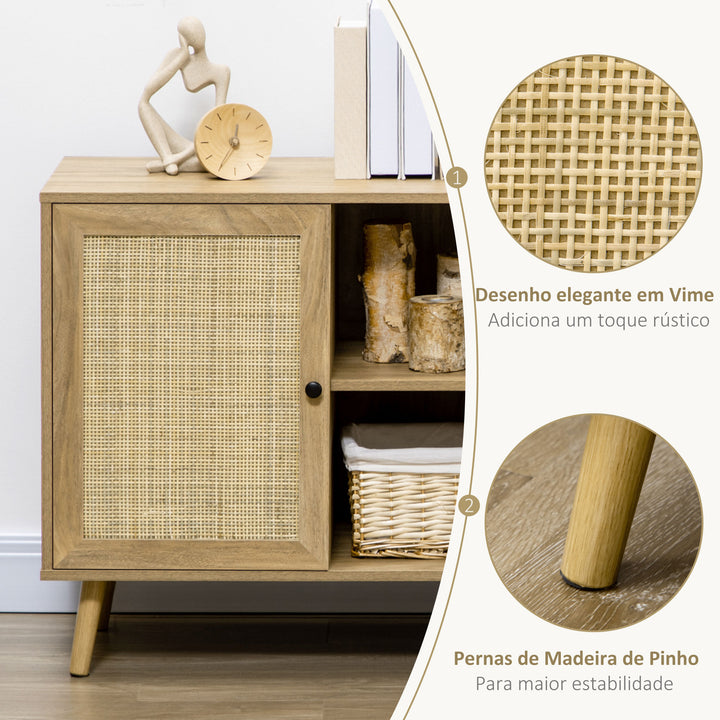 Aparador de Sala de Estar Buffet para Sala de Jantar Móvel Auxiliar de Cozinha com Porta de Vime e 2 Prateleiras de Armazenamento para Sala de Estar 80x39x70cm Madeira