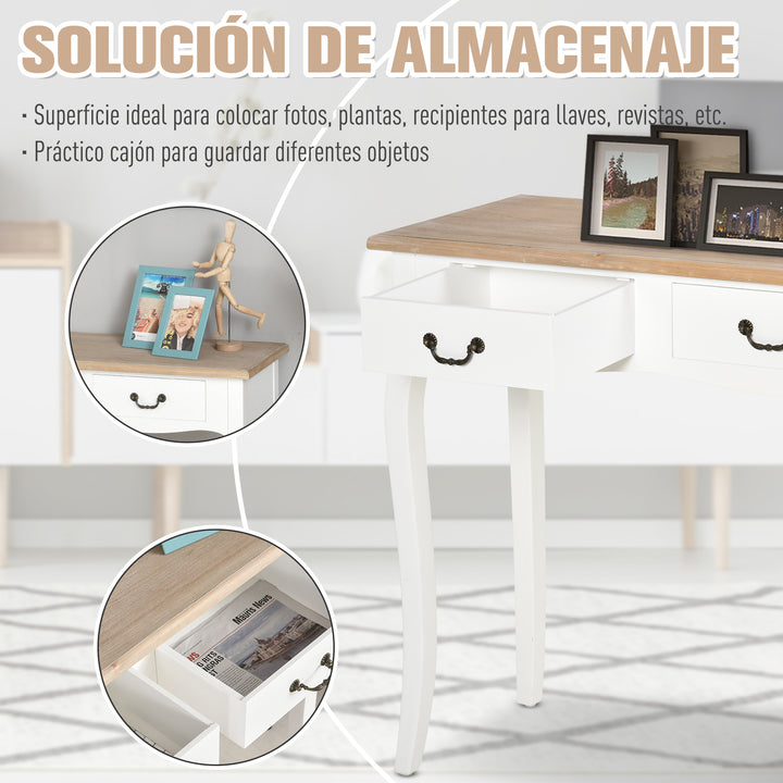 Mesa consola tipo aparador para corredor com desenho retrô com 2 gavetas Pinho 87x34x78,5 cm Branco