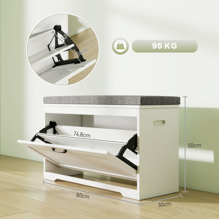 Banco Sapateira Moderno com Assento Acolchoado Prateleira Ajustável para 8 Pares de Sapatos para Entrada Corredor Quarto 80x30x50 cm Branco
