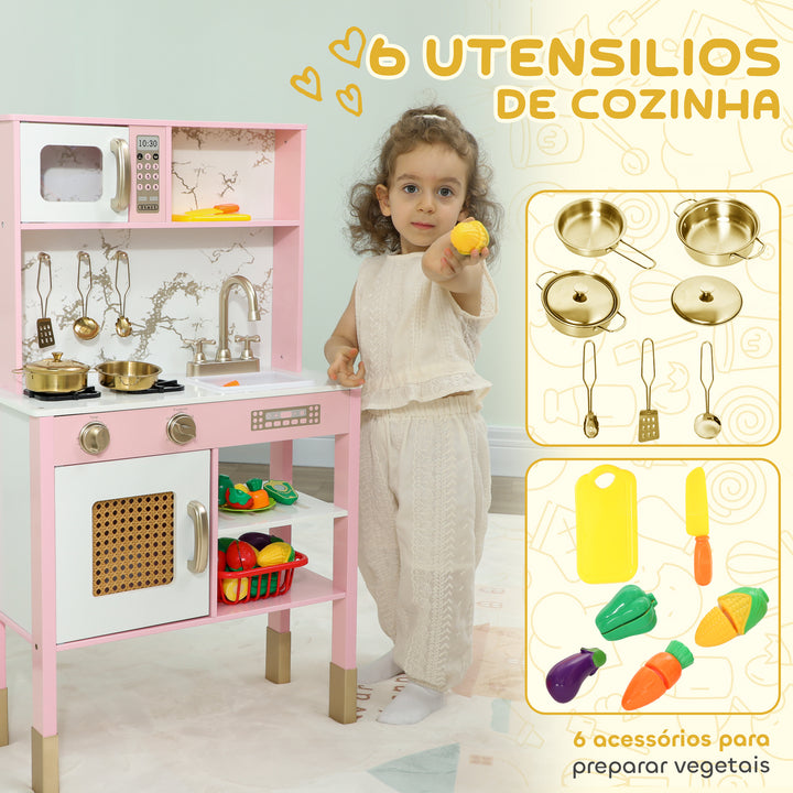 Cozinha de Brincar em Madeira com Som Cozinha Infantil com Acessórios em Aço Inoxidável Micro-Ondas Forno Lava-Loiças Legumes para Cortar para Crianças a Partir de 3 Anos 55x24x96 cm Rosa