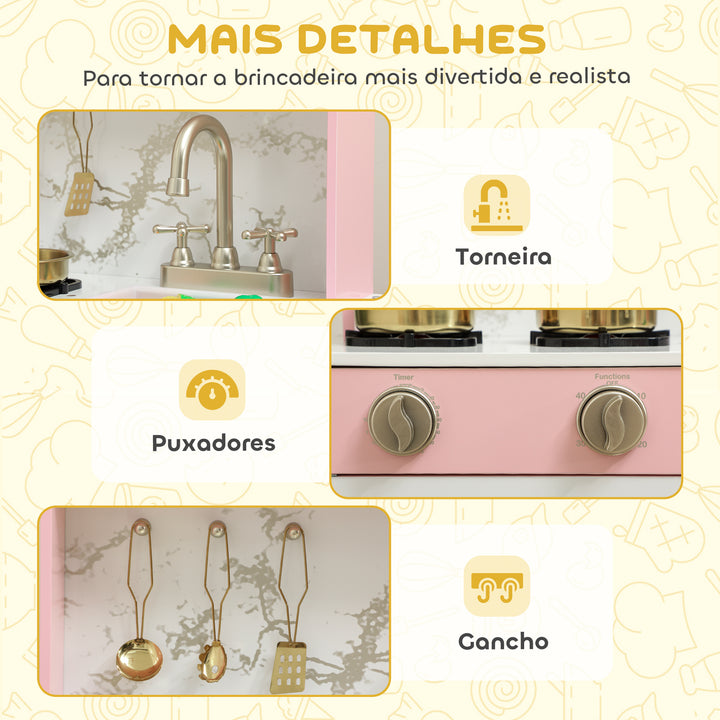 Cozinha de Brincar em Madeira com Som Cozinha Infantil com Acessórios em Aço Inoxidável Micro-Ondas Forno Lava-Loiças Legumes para Cortar para Crianças a Partir de 3 Anos 55x24x96 cm Rosa