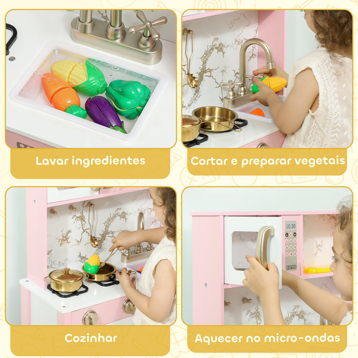 Cozinha de Brincar em Madeira com Som Cozinha Infantil com Acessórios em Aço Inoxidável Micro-Ondas Forno Lava-Loiças Legumes para Cortar para Crianças a Partir de 3 Anos 55x24x96 cm Rosa