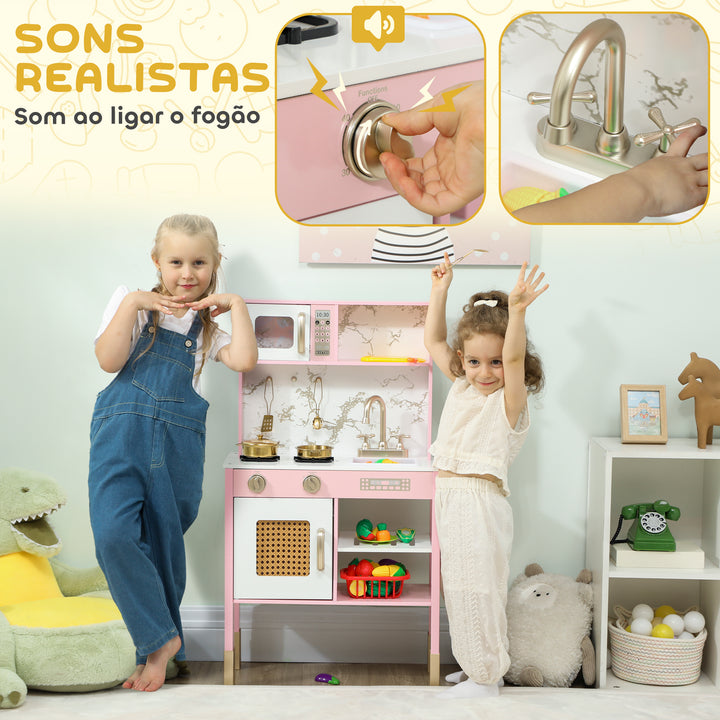 Cozinha de Brincar em Madeira com Som Cozinha Infantil com Acessórios em Aço Inoxidável Micro-Ondas Forno Lava-Loiças Legumes para Cortar para Crianças a Partir de 3 Anos 55x24x96 cm Rosa