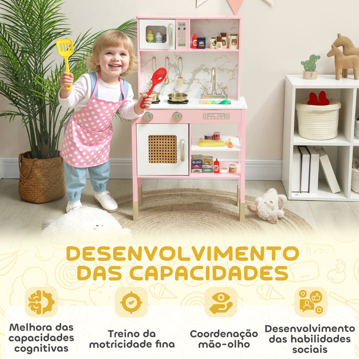 Cozinha de Brincar em Madeira com Som Cozinha Infantil com Acessórios em Aço Inoxidável Micro-Ondas Forno Lava-Loiças Legumes para Cortar para Crianças a Partir de 3 Anos 55x24x96 cm Rosa