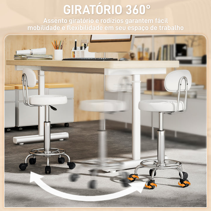 Banco Giratório com Rodas e Encosto Banco de Trabalho com Altura Ajustável 70-86 cm Banco Estofado em Couro Sintético Branco