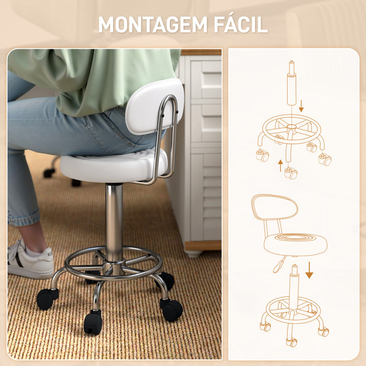 Banco Giratório com Rodas e Encosto Banco de Trabalho com Altura Ajustável 70-86 cm Banco Estofado em Couro Sintético Branco